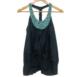 Bebe Turquoise Embellished Black Silk Razorback Tank XXS